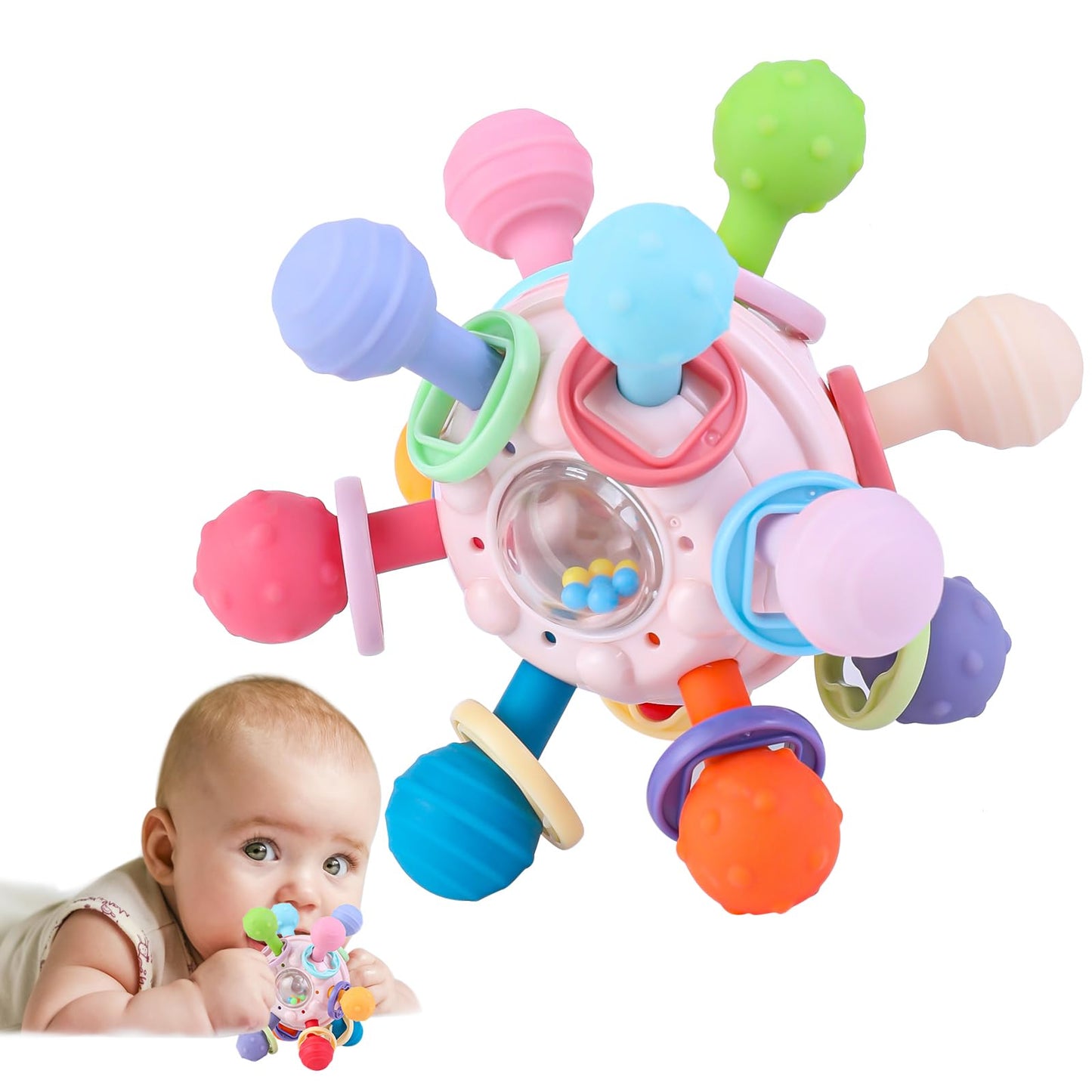 Baby Teething Toys Baby Teether Montessori Sensory Toys for 0-6 6-12 Months 1 Year Old Boys Girls Toys Gifts for Infant Newborn 0 3 6 9 12 18 Months Toddler Learning Toys Baby Rattle Chew-Pink