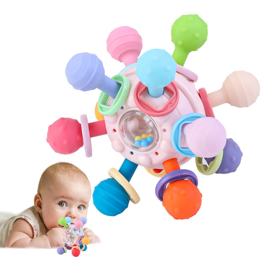 Baby Teething Toys Baby Teether Montessori Sensory Toys for 0-6 6-12 Months 1 Year Old Boys Girls Toys Gifts for Infant Newborn 0 3 6 9 12 18 Months Toddler Learning Toys Baby Rattle Chew-Pink